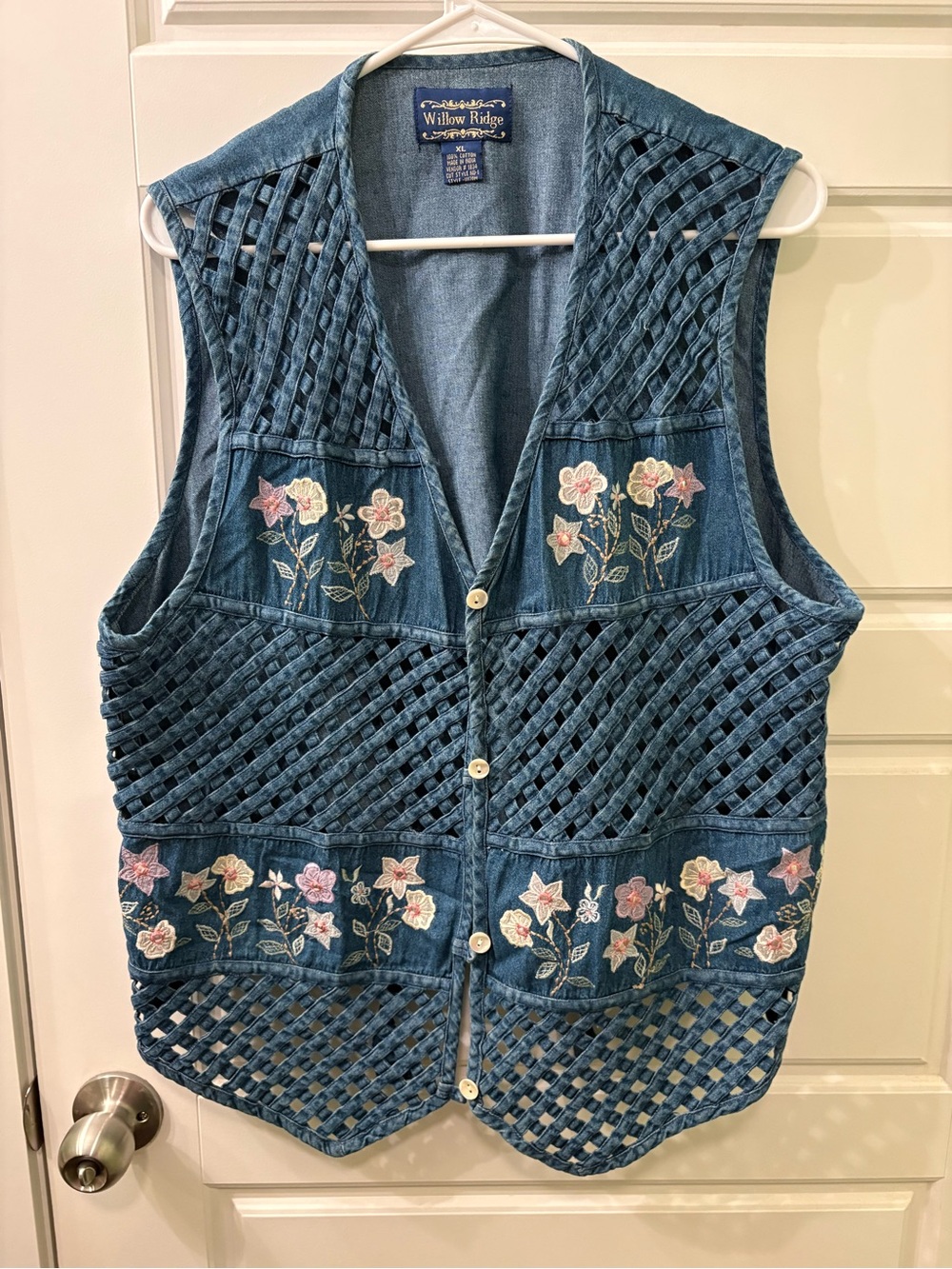 Vintage Willow Ridge Blue Denim Lattice Vest with Pastel Floral Embroidery